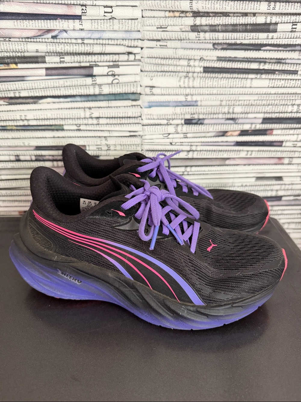 Puma nitro sneakers Black Running Shoes with Purple Laces and Pink Accents
